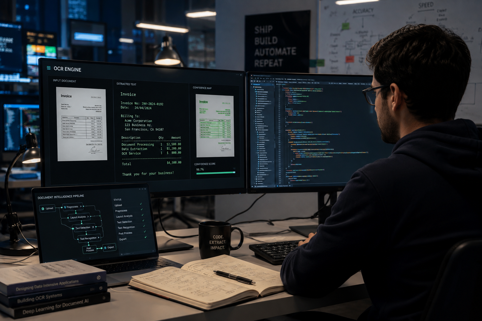 Engineer reviewing an OCR engine and document pipeline on multiple screens