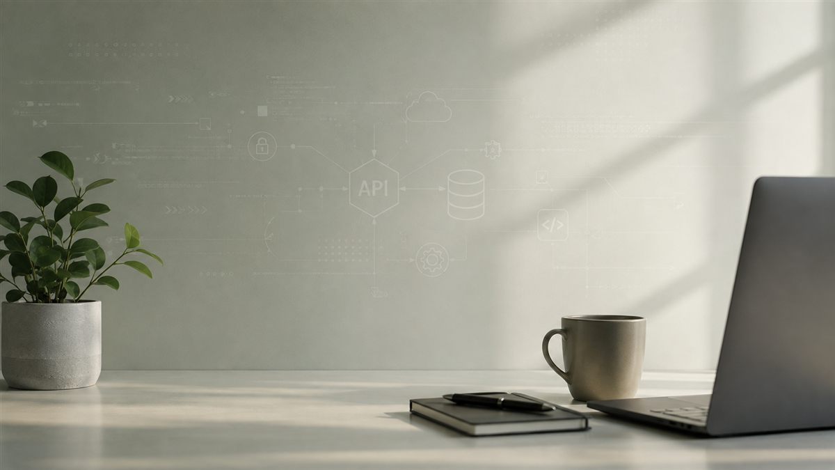 Desk with laptop and faint API architecture diagram on the wall