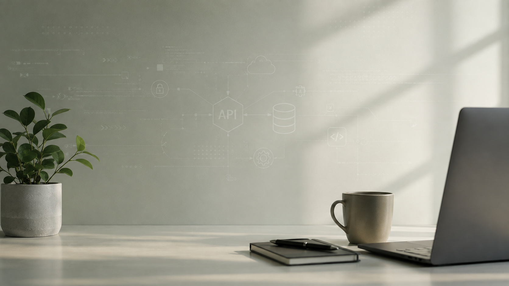 Desk with laptop and faint API architecture diagram on the wall