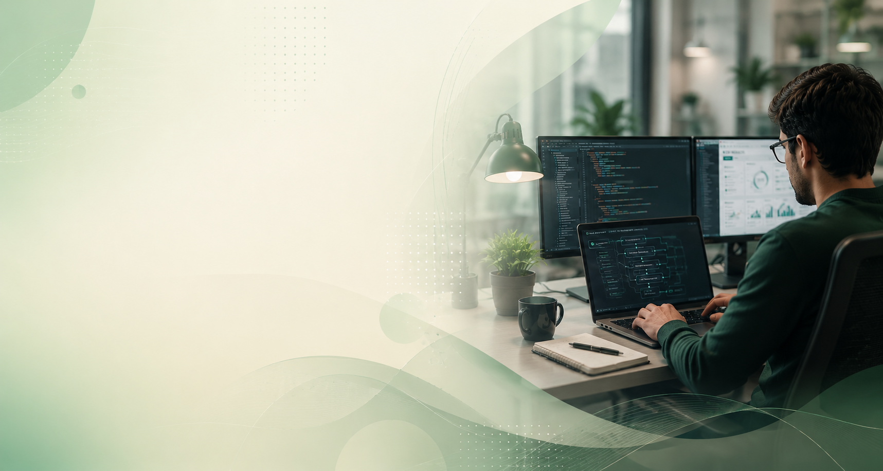 Engineer at a desk with code and dashboards on screen