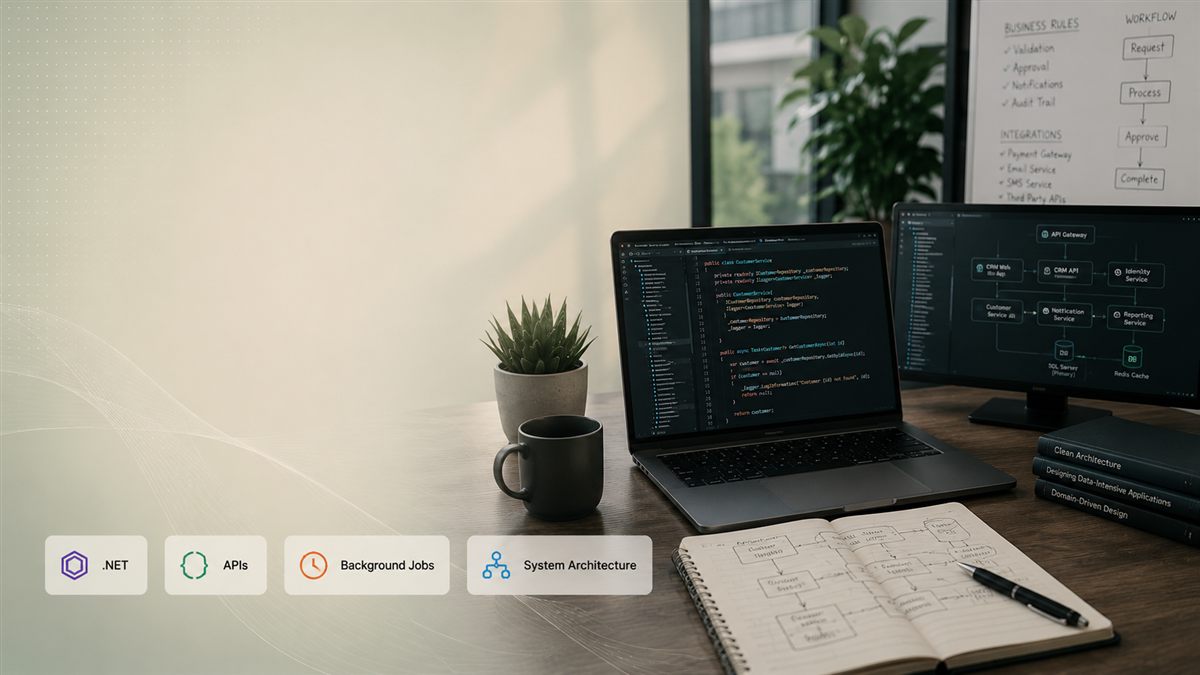 CRM service code and system architecture diagram on screens