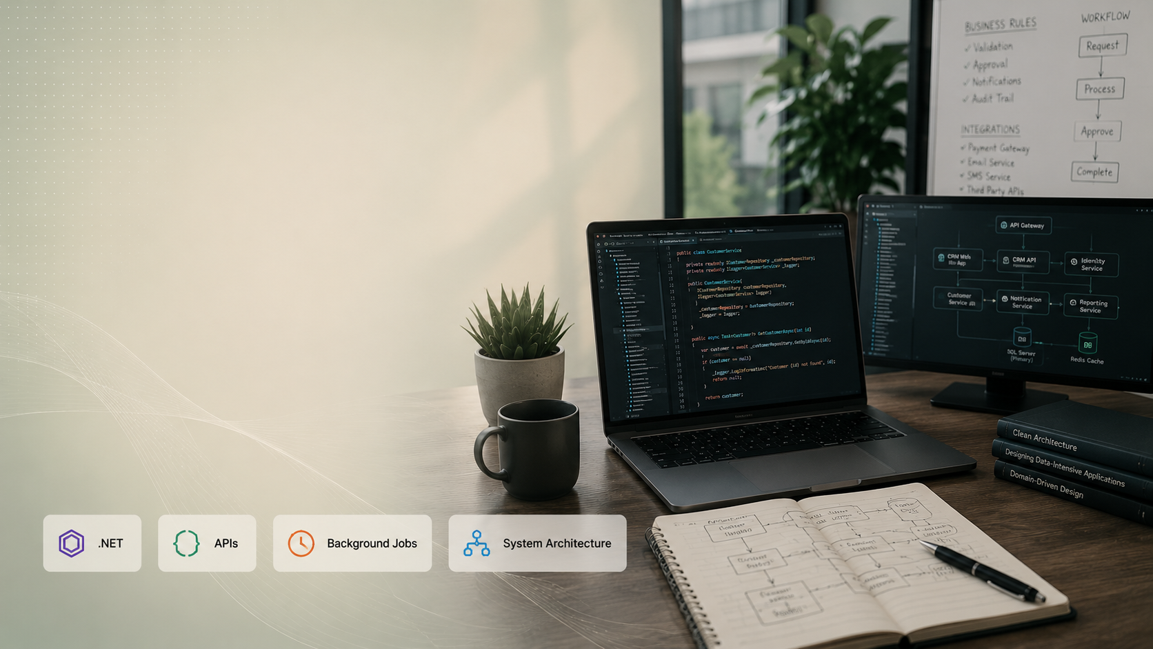 CRM service code and system architecture diagram on screens